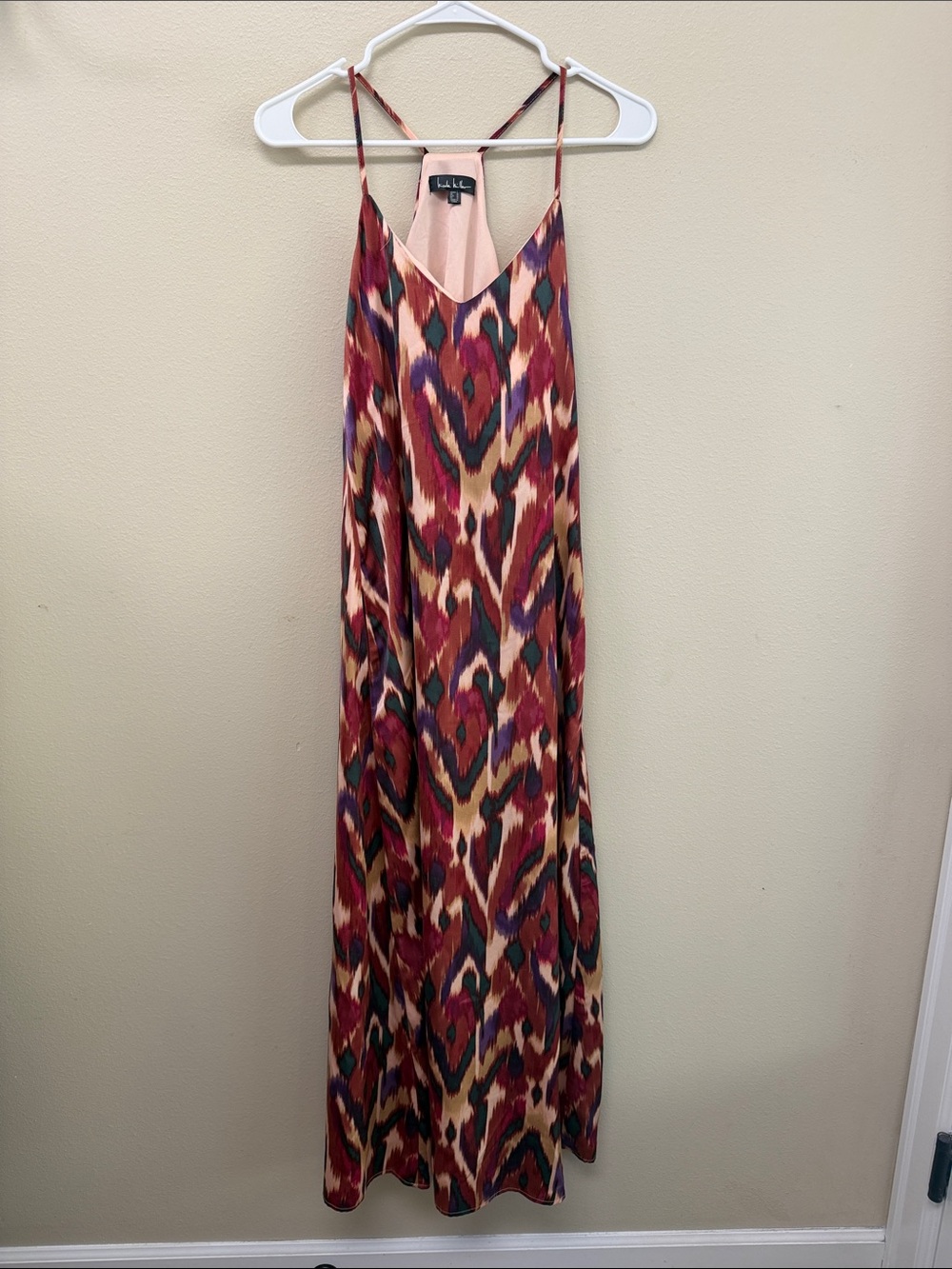 Nicole Miller Multicolor Ikat Maxi Slip Dress in Red, Purple, Cream